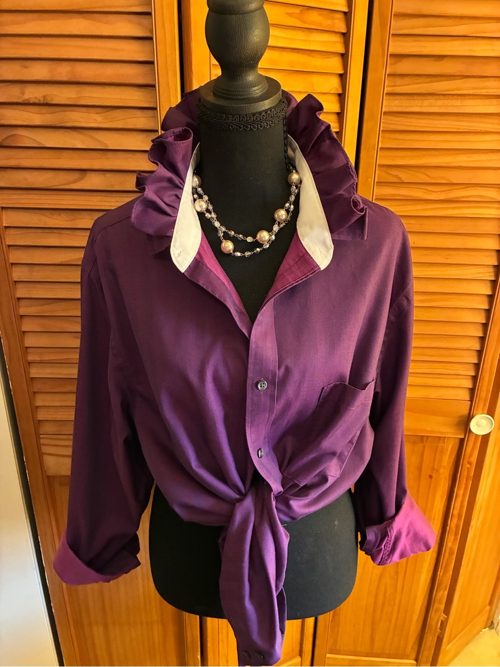 Women's Purple Ruffle-Collar Tie-Front Button Down Shirt